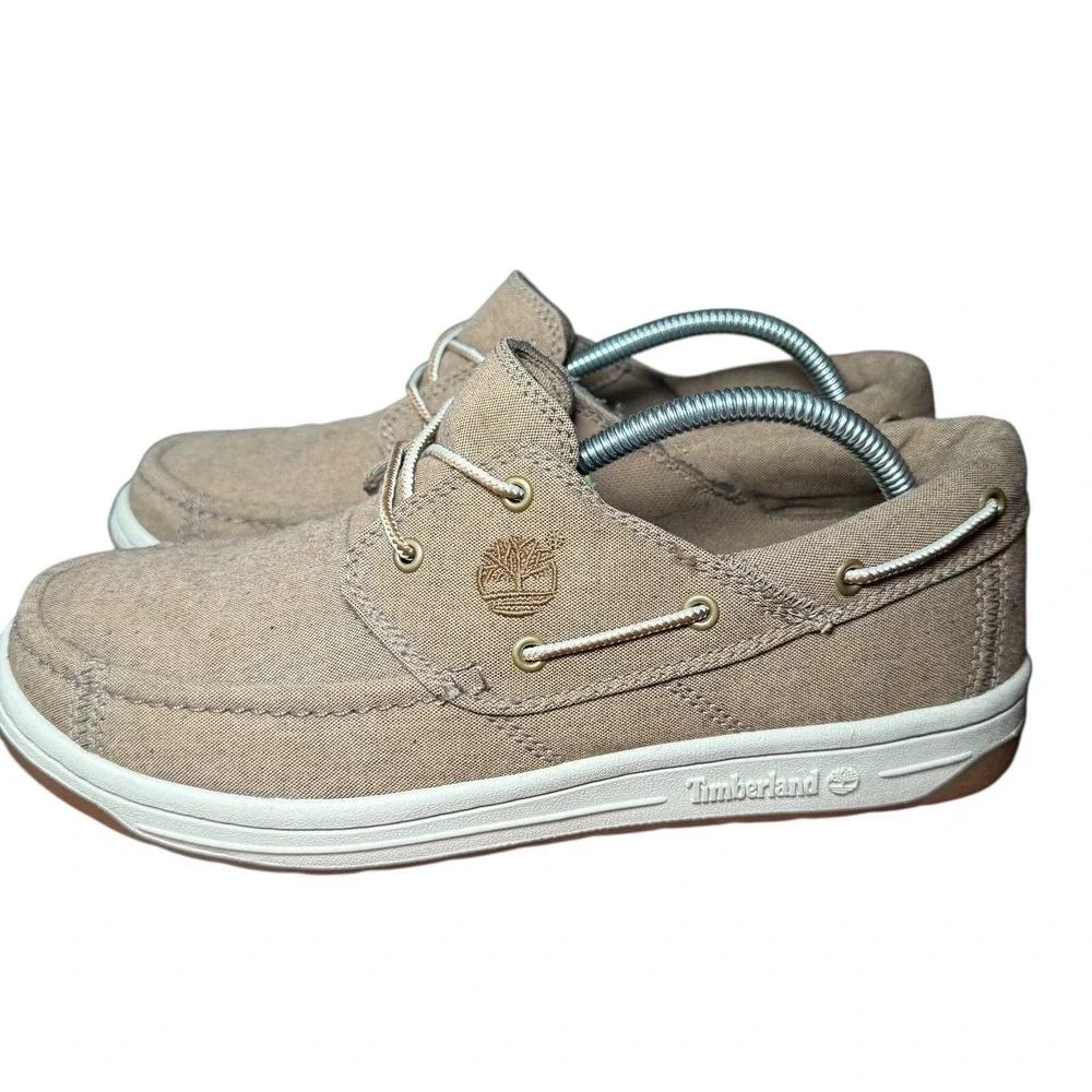 Timberland Boat Shoes Men's 9.5 Canvas Moc Toe Slip On Loafers Beige 56286